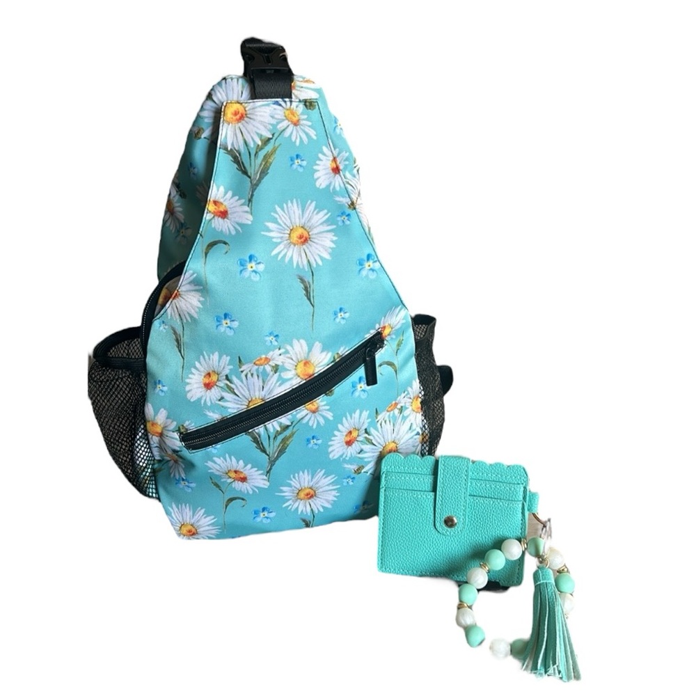 Sling Crossbody Backpack Aqua with White Daisy Print Aqua wallet key chain New
